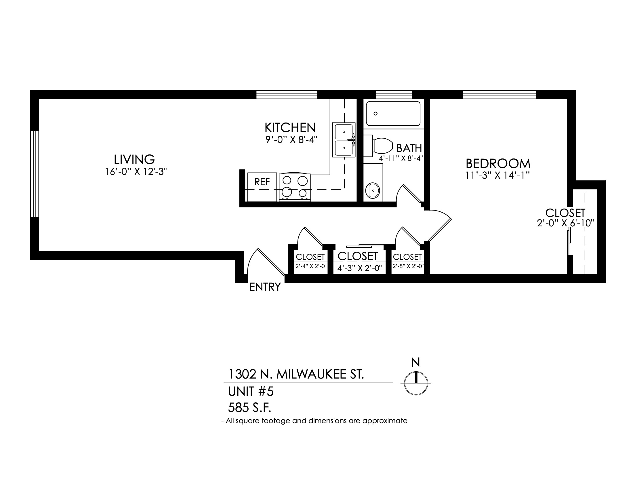 Floor plan for 1 bed, 1 bath, 650 sqft
